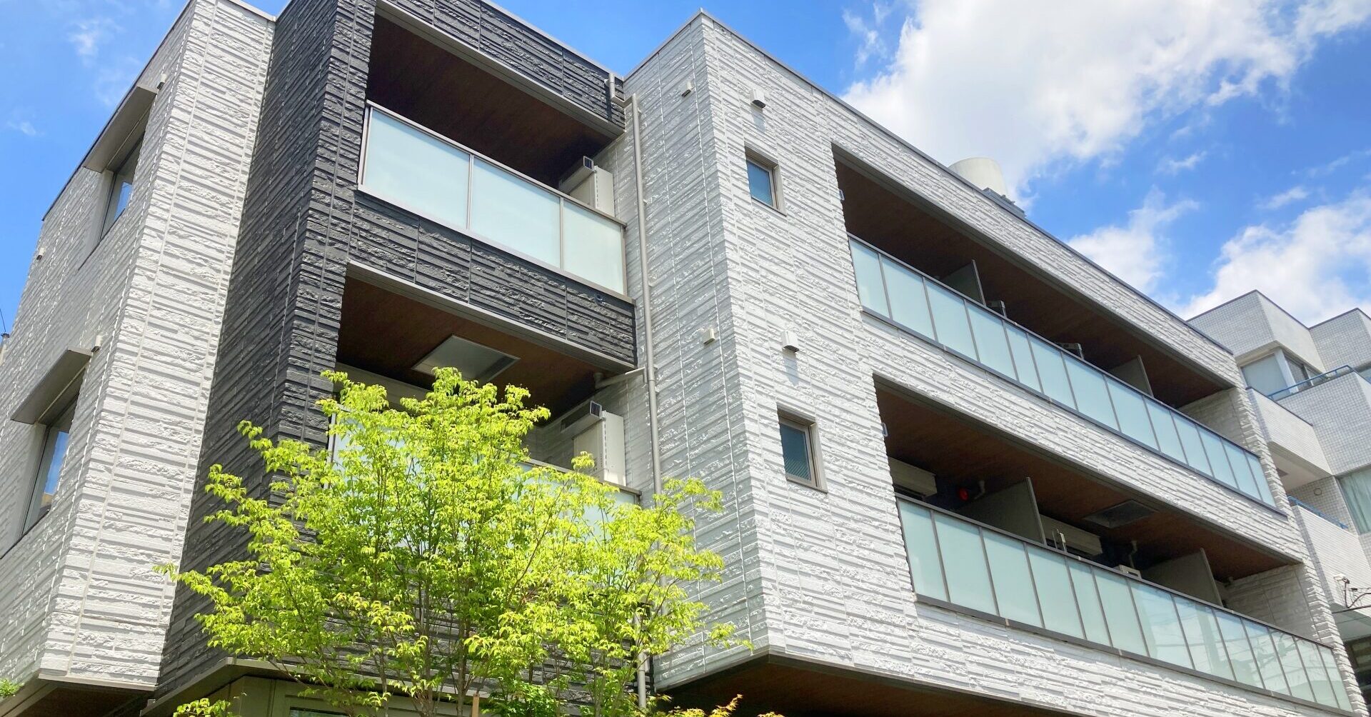 青空を背景に、白と黒を基調としたスタイリッシュなマンションの外観と、手前に生い茂る緑が映える写真。
